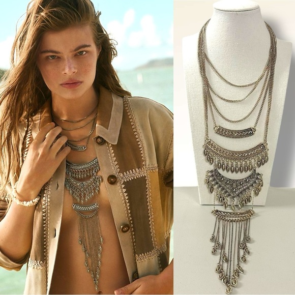 Free People Bohemian Layered Necklace Gold NWT Festival Western Witchy 70s - Picture 1 of 17